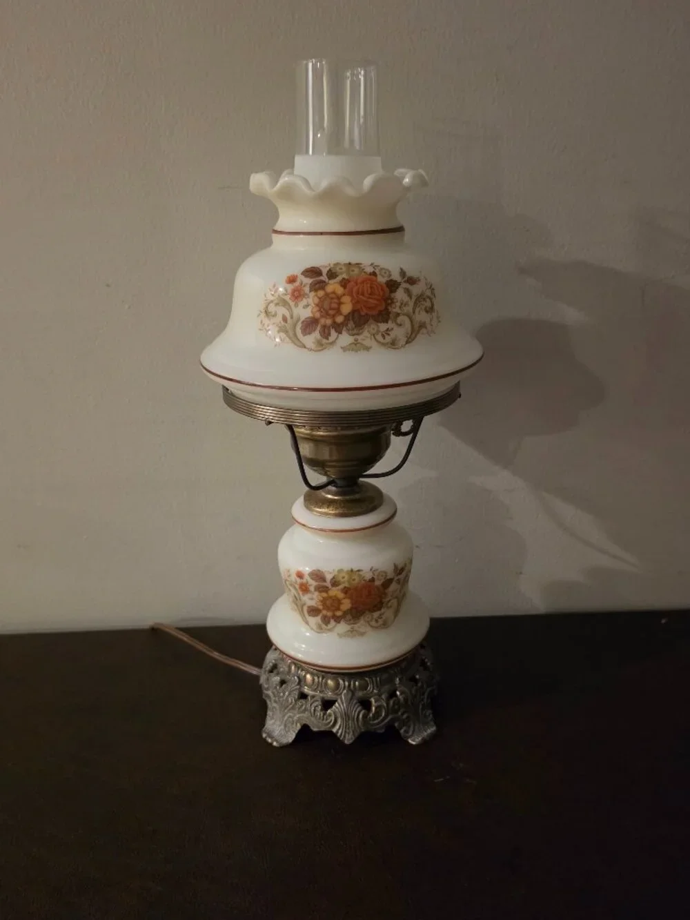 Vintage Quoizel Hurricane Table Lamp with a Floral Pattern and Metal Base